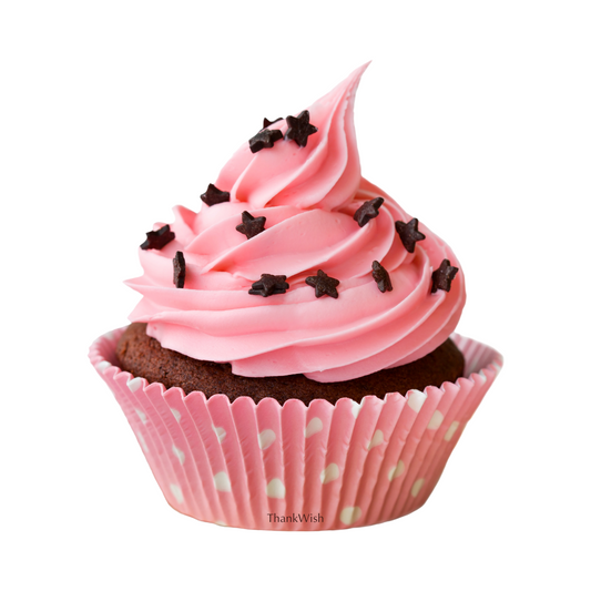 Chocolate cupcake with pink buttercream frosting and chocolate star toppings – ThankWish Magic Cupcakes